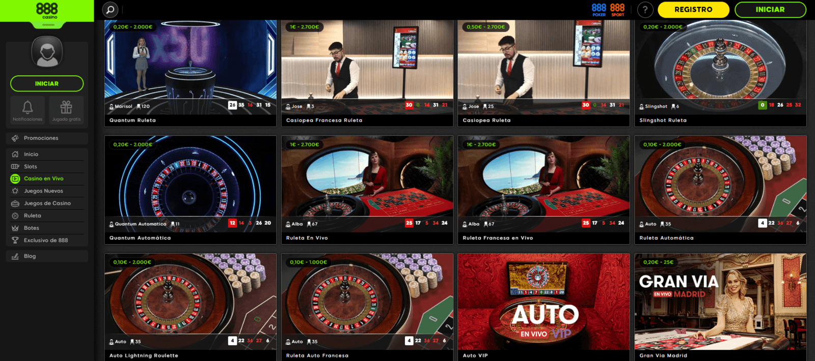 Jugar en vivo en 888 Casino online por dinero real en 888.es