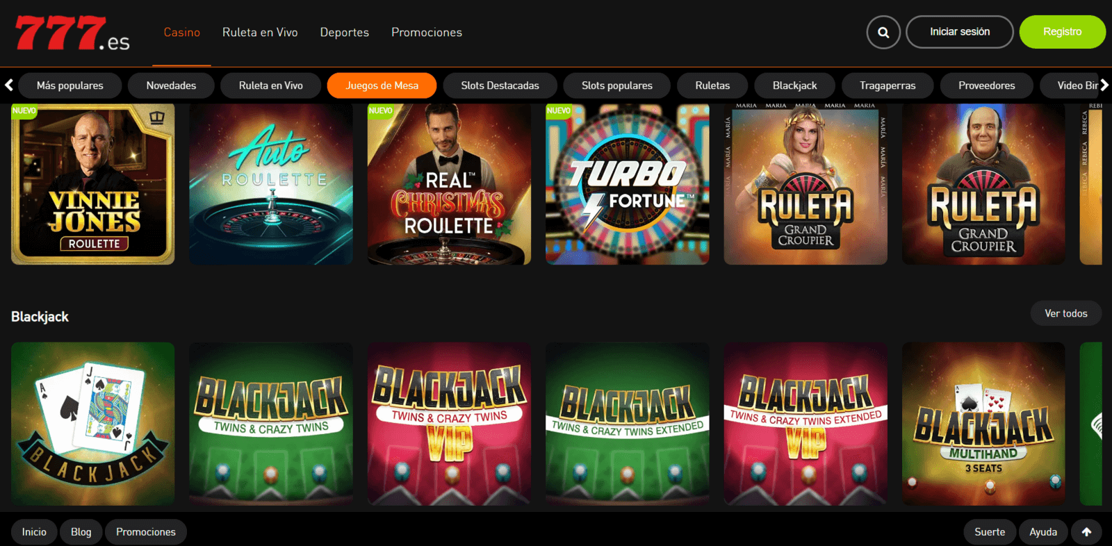 Mejores juegos de ruleta y blackjack en Casino777 online de España
