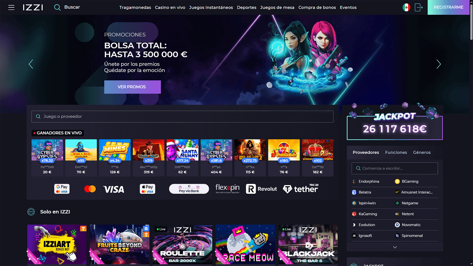 Pagina de inicio del Casino IZZI