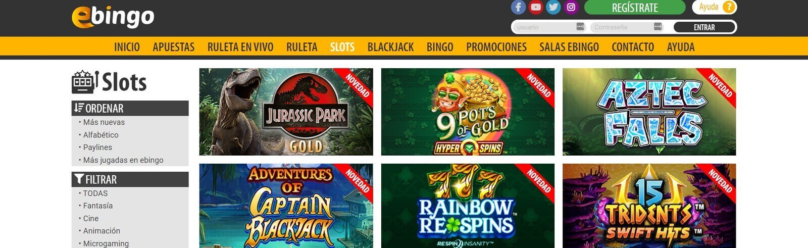 Página web de eBingo online