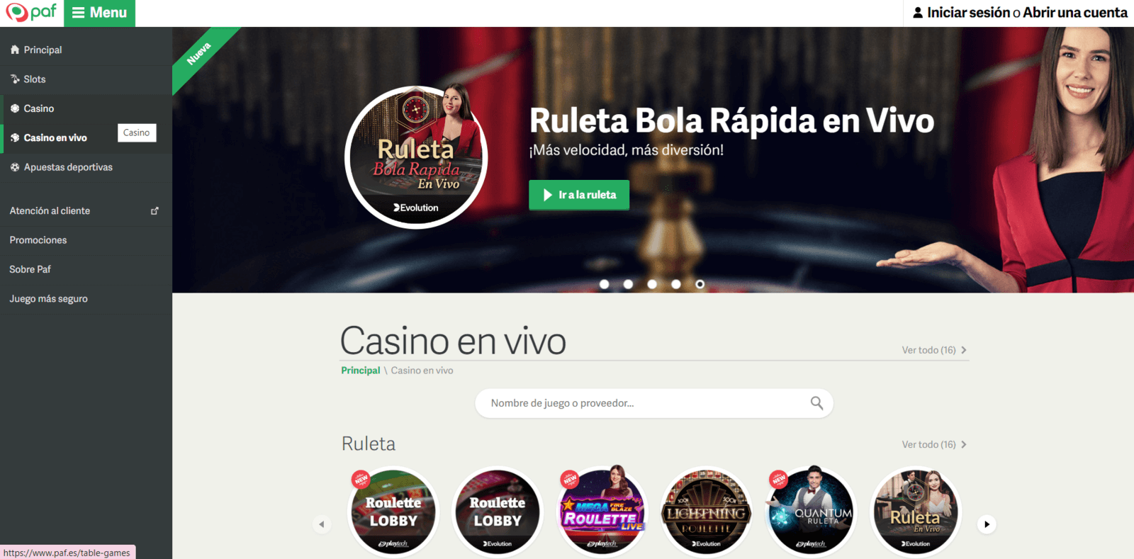 Ruleta en vivo de Paf Casino en directo en España