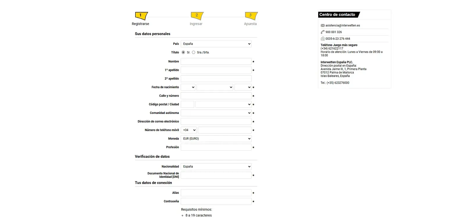 Proceso de registro del casino Interwetten