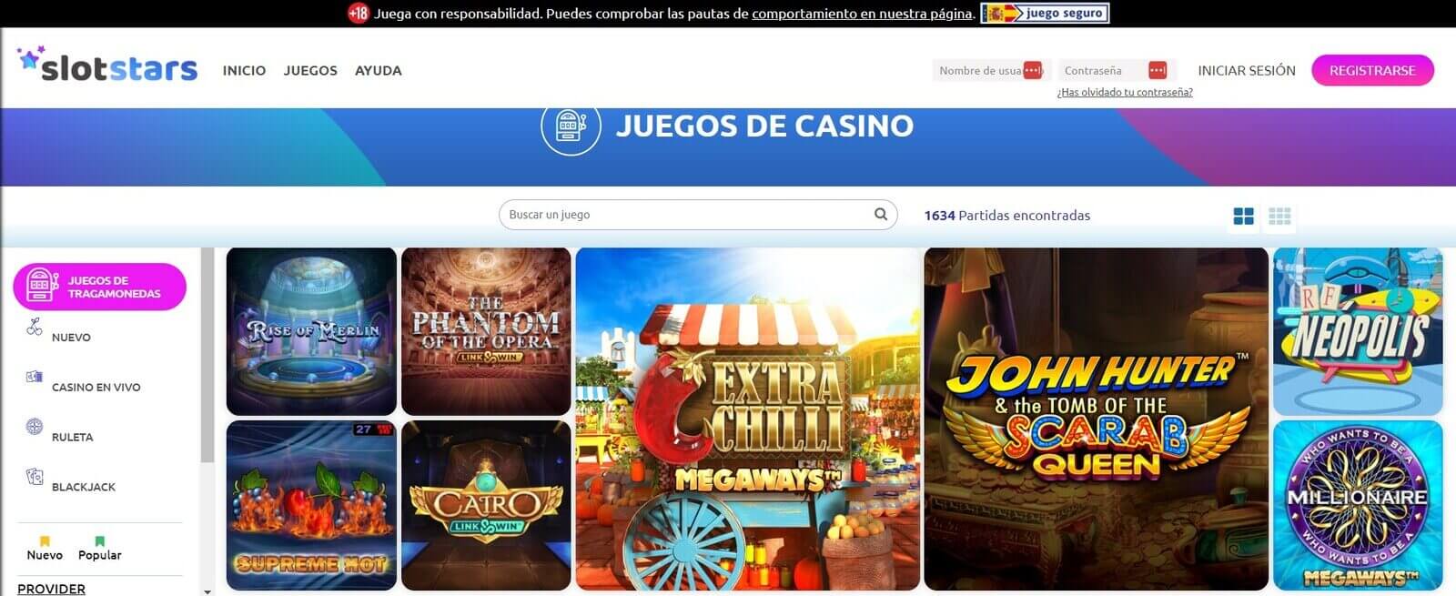 Jugar a las tragaperras en Slot Stars casino online en España