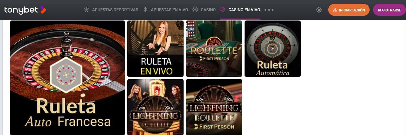 Juegos de casino en vivo de TonyBet Casino online en España